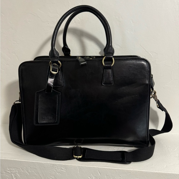 Kattee large black leather briefcase w/ adjustable strap - Picture 4 of 13